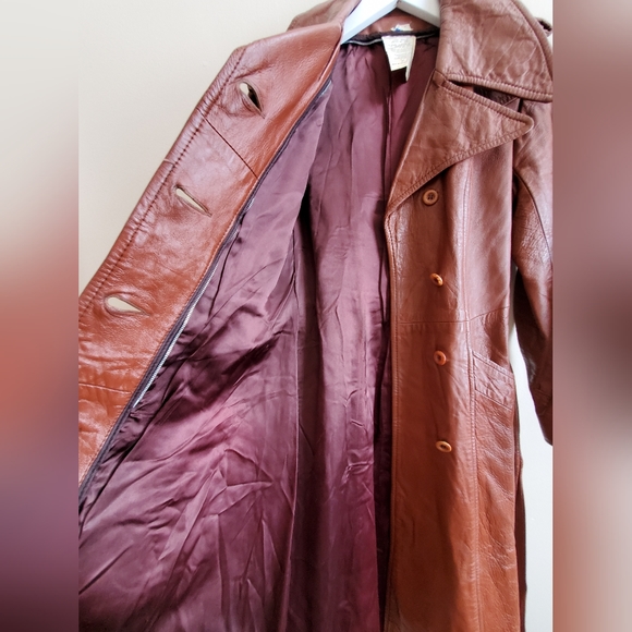 Vintage Cognac Genuine leather jacket fitted long double breasted, w self belt - Picture 11 of 16